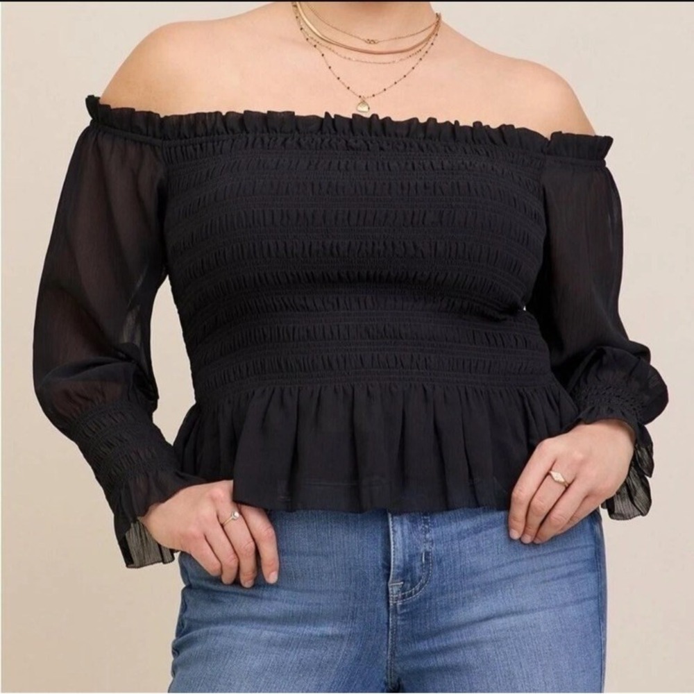 Torrid Black Chiffon Smocked Peplum Puff Sleeve Off Shoulder Blouse Whimsigoth